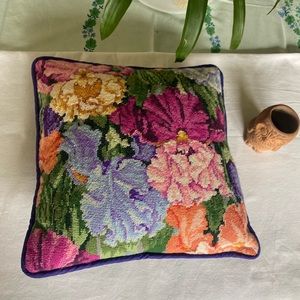 Vintage Wool Needlepoint Iris Garden Velvet Back Throw Pillow MCM